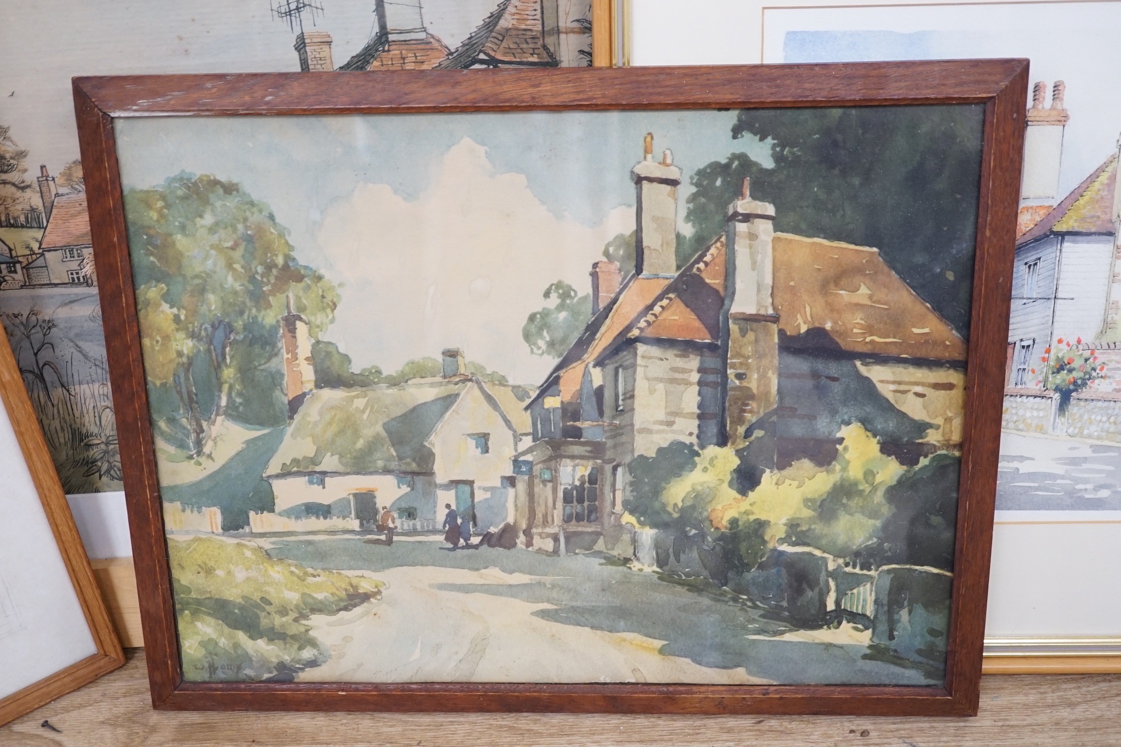 Three assorted watercolours of Glynde and a colour print, largest 40 x 49cm